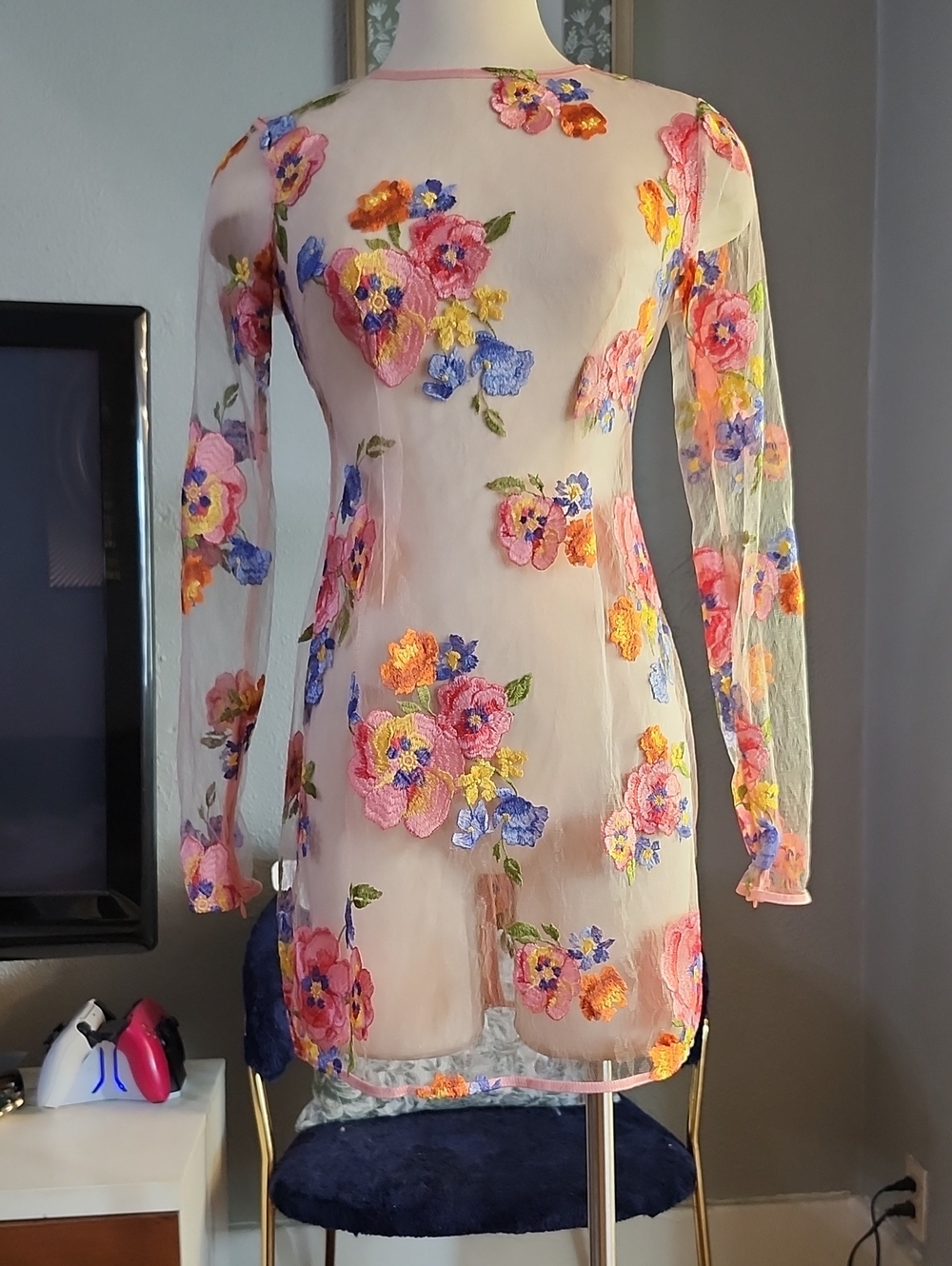 For Love & Lemons Sheer Floral Embroidered Long-Sleeve Mini Dress NWT Sz.S